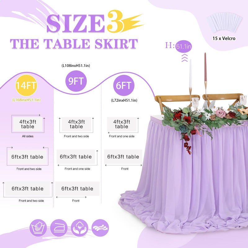 QueenDream 14ft Lavender Chiffon Table Skirt Purple Sheer Tablecloth for Rectangle Tables for Baby Shower Birthday Party Decorations - Image 4